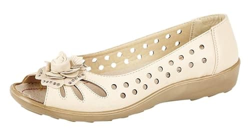Image of Boulevard Womens Wide Fit Leather Lined Open Peep Toe Flower Summer Shoes Beige 5
