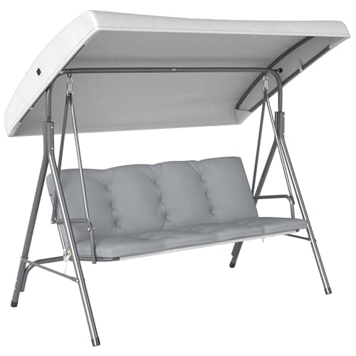 Image of Outsunny 3 Seater Garden Swing Chair, Patio Rocking Bench with Tilting Canopy, Removable Cushion and Steel Frame, Light Grey