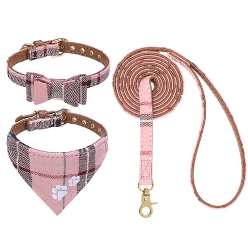 Image of EXPAWLORER Dog Collar and Lead Set - Plaid Dog Bow Tie Collar, Pawprint Bandana, No Tangle Lead, Adjustable Sizes, Pink Medium
