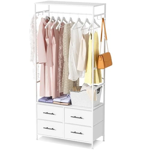 Image of MYGIIVOVO Open Wardrobe, Clothes Rail with Drawers for Bedroom, with 4 White Fabric Drawers, 4 Side Hooks and Metal Frame 30D x 80W x 172H cm