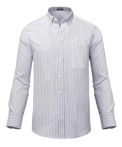 Image of Mauro Kane Men's Long Sleeve Oxford Shirts Casual Business Classic Striped Shirt 100% Cotton Non Iron Button Down Shirt with Pocket, Light Grey-L