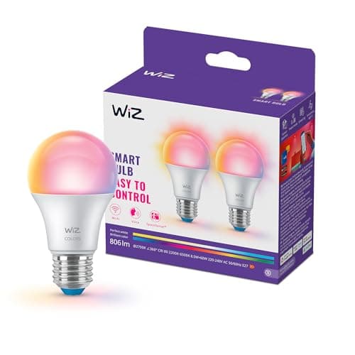 Image of WiZ Smart LED A60 Bulb, Full Color and Tunable White, E27 Base, 60W Equivalent, 2200-6500K, 806 Lumens, Dimmable, Works with Alexa, Google Assistant, and Apple Home, 2 Pack