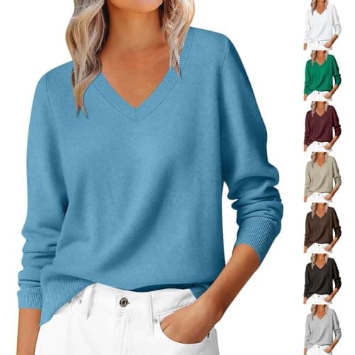 Image of Cashmere Jumpers for Women V Neck Sweater Ladies Casual Lightweight Plain Pullover Long Sleeve Tops Dressy Fine Knit Jumpers for Women Fall Winter Tunic Blouse T-Shirt for Work Office Blue