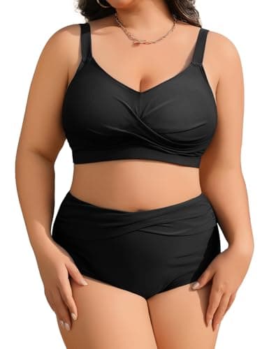 Image of heekpek Women's Swimming Costumes Plus Size V Neck Tummy Control Swimsuit 2 Piece Twist Front High Waisted Bikini Set Plus Size Swimwear, Black, XXL