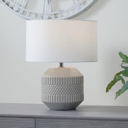 Image of Pacific Lifestyle Grey Geometric Textured Short Ceramic Table Lamp | Modern Scandi Neutral Muted Grey Geo Embossed Lamp with White Drum Shade