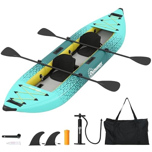 Image of Outsunny 12.5' Inflatable Kayak Set, 2-person Sit on Canoe with Aluminium Oars, Padded Seats, High Back Support, Fins, Carry Bag, Hand Pump & Repair Kit, Blow Up Boat for Adults, Blue and Yellow