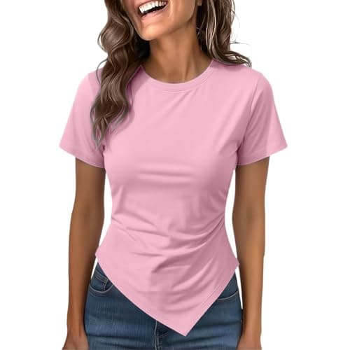 Image of Women's Crew Neck Short Sleeve T-Shirt Slim Fit Asymmetrical Hem Top Ruched Side Detail Casual Blouse Form-Fitting Silhouette Trendy Y2K-Inspired Design for Going-Out Occasions(Pink, XL)