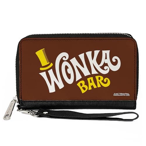 Image of Buckle-Down Movies Wallet, Zip Around, Willy Wonka and the Chocolate Factory Wonka Bar Wrapper Logo, Vegan Leather, Brown, 7.5"x4.5", Casual