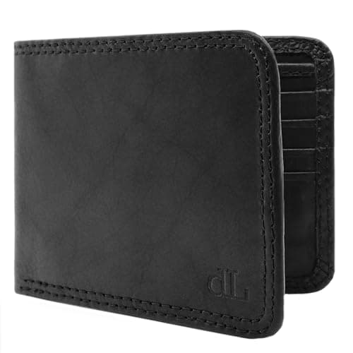 Image of deLausier Le Petit | Handmade Slim Mens Leather Wallet, RFID Blocking, 10 Credit Card Holder Slots, in Wooden Gift Box (Black)