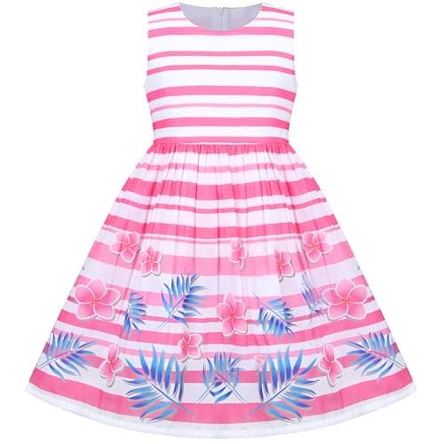 Image of Sunny Fashion Girls Dress Pink Floral Leaf Striped Sleeveless Summer Sundress Cotton Age 11-12 Years