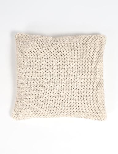 Image of Hand Knitted Beige Cotton Cushion Cover 46x46 cm | Handmade Chunky Knit Decorative Throw Pillow Case | Cozy Textured Cushion for Sofa, Bed & Lounge | Artisan Crafted Neutral Home Décor Cover