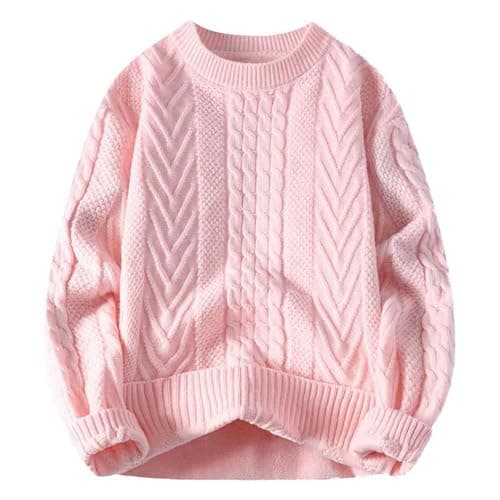 Image of Generisch Knitted Jumper Men's Cable Knit Sweater Vintage Oversized Pullover Crew Neck Elegant Jumper Chunky Knit Basic Plain Knitted Jumper Rib Knit Work Jumper, pink, M