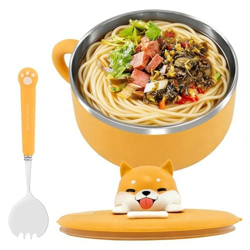 Image of wiksite Ramen Bowls Stainless Steel Noodle Bowl with Lid and Spork, Speedy Soup Bowl with Handles Portable Salad Bowls Heat Resistant Instant Serving Noodle Cooker Pasta Bowl (Yellow)
