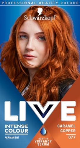 Image of Schwarzkopf LIVE Intense Colour Caramel Copper Permanent Hair Dye 077, Long Lasting Red with Built-In Vibrancy Serum, Copper Red for up to 100% Grey Coverage