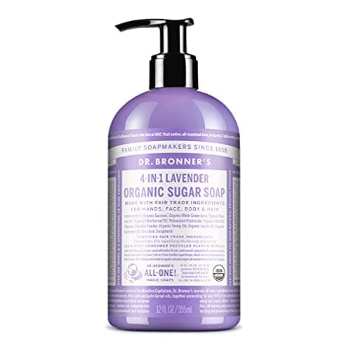 Image of Dr Bronner’s 4-in-1 Organic Lavender Sugar Soap, Made with Organic Oils, Sugar and Shikakai Powder. For Hands, Body, Face & Hair. Fair Trade Certified & Vegan Friendly, 335ml Recycled Pump Bottle