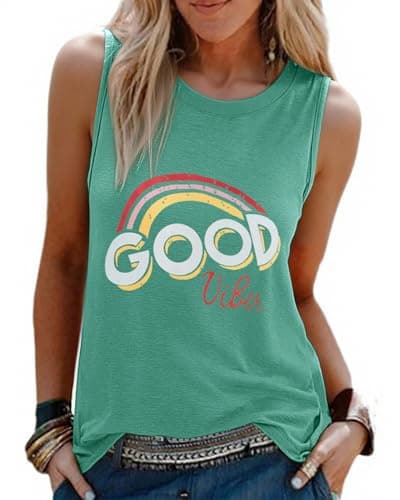 Image of heekpek Women's Vests Top Sleeveless T Shirts CEW Neck Casual Printed Tank Tops Loose Basic Summer Tops, Green Goodvibes, XXL