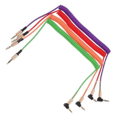 Image of HEATSHAKING 4pcs Coiled 3.5mm Aux Audio Cables Male to Male Stereo Jack for Car and Home Audio Speaker Connection, Right Angle and Straight Connectors, Set (green, Red, Orange, Random Color