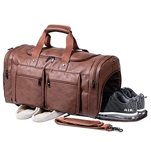 Image of Weekender Bag with Shoe Compartment, Waterproof Pu Leather Overnight Bag Weekender Bag Mens Travel Duffle Bag Large Carry on Bag Travel Tote Duffel Bag for Men or Women-Brown