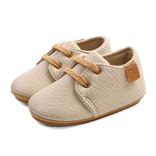 Image of LACOFIA Baby Boys Girls Lace-up Oxford Sneakers Infant Anti-Slip First Walking Shoes Beige 6-12 Months