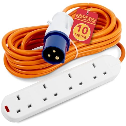 Image of GADLANE Camping Electric Hook Up Cable - Heavy Duty 10 Metre, 4 Gang Electric Hook Up for Camping, Mobile Homes, Refrigerated Vehicles - High Visibility 16A Caravan Extension Lead (10M)
