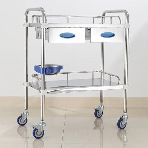 Image of Medical Cart, 2-Layer Stainless Steel Cart with Two Drawers, Serving Trolley Equipment Utility Rolling Carts with 360° Silent Wheels, for Hospital, Laboratory (Size : 60 * 40 * 86cm/27 * 16 * 34 in)