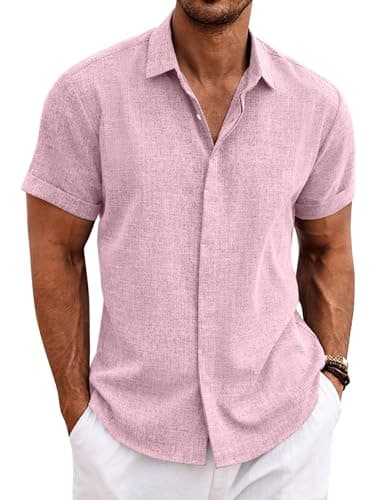 Image of COOFANDY Summer Shirts Men Linen Short Sleeve Casual Beach Holiday Button Down Shirt Pink L