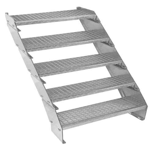 Image of Metal Galvanised Silver Steel Staircase 5 Section Adjustable Height 90cm / 900mm Wide 5 Steps Weatherproof Grate Step Outdoor Garden Patio Modular Stairs 5mm Rod Thickness FREE Fixing Kit