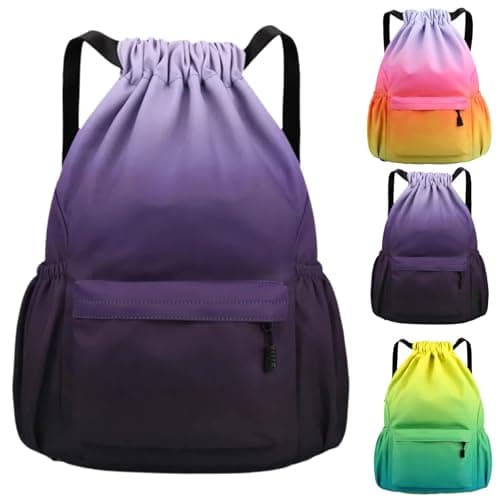 Image of Arae Drawstring Backpack Bag with Front Pocket Waterproof Oxford Cloth, Lightweight Gym Sack for Sports and Travel (Grey Black, Large)