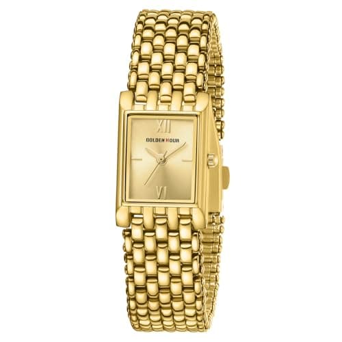 Image of GOLDEN HOUR Vintage Small Ladies Watches Analog Quartz Watch for Women Waterproof Fashion Casual Rectangle Gold Watch with Stainless Steel Bracelet Wrist Watches for Female Girls