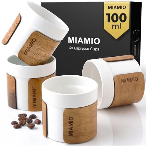 Image of MIAMIO – Espresso Cups Set of 4 (100 ml) Japanese Tea Cups Ceramic/Handleless Mug with removable Wooden Cuff/Coffee Cups without Handle (White)