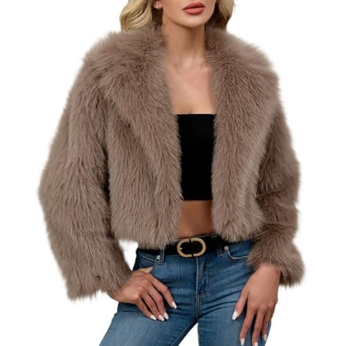 Image of Womens Faux Fur Cropped Coat Luxury Lapel Long Sleeve Fleece Jacket Plush Open Front Cardigan Windproof Outwear Coats Winter Warm Super Soft Thick Short Jackets Parka Fluffy Top Solid 8 10 12 14 16 18
