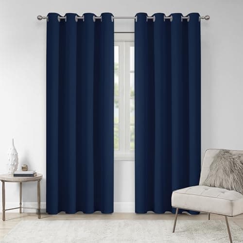 Image of VEHEDE Navy Blackout Window Curtains for Bedroom, Eyelet Thermal Insulated Curtain for Living Room, Soft Soundproof Curtains for Sliding Door, W46 x L90 Inch Drop Pair, Navy Blue, 2 Drapes