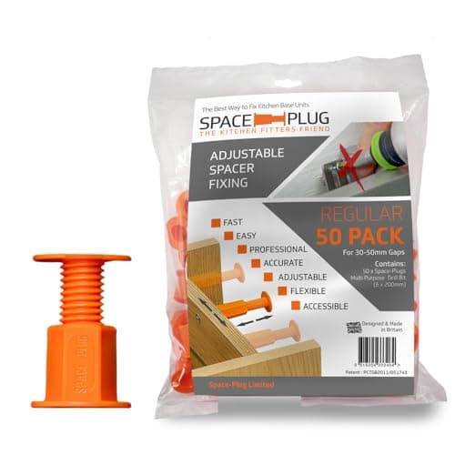 Image of Space-Plug Adjustable Spacer Fixings (Regular Size for 30-50mm Gaps), 50 Pack of Original Orange Spacers, Professional & DIY use for Kitchen, Bedroom, Bathroom & Furniture installations