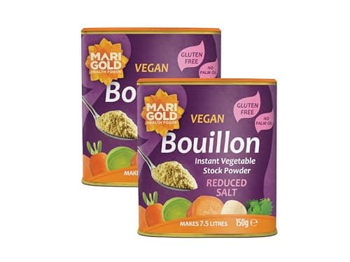 Image of Marigold Reduced Salt Vegetable Bouillon Powder, 150g (Pack of 2) – Instant Vegan Stock Powder, 37% Less Salt, Natural Ingredients, Gluten-Free – Perfect for Soups, Stews & Sauces.