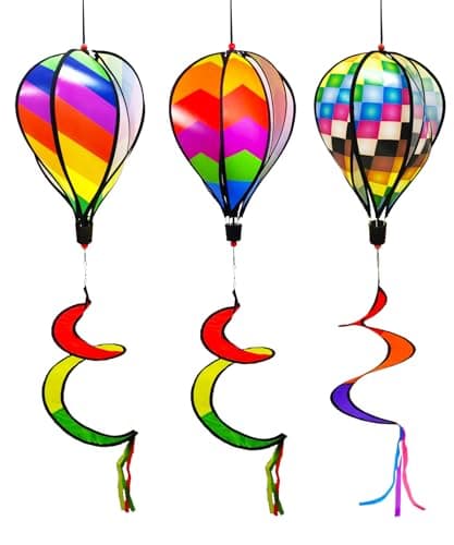 Image of LUKDUNG 3 x 130 cm Hot Air Balloon Wind Spinner Rainbow Garden Pinwheels Swirl Wind Spinner Windmill Striped Rainbow Windsock Rotating Sequins Twister Hanging Yard Decoration