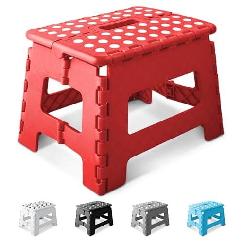 Image of KEPLIN 9 Inch Heavy Duty Folding Step Stool | Non-Slip Foldable Footstool for Toddlers, Children & Adults | Portable, Lightweight Plastic Footstep w/Carrying Handle for Indoor or Outdoor (Red)