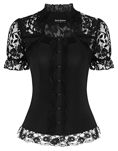 Image of SCARLET DARKNESS Victorian Blouse for Women Retro Top Blouse Women Vintage Casual Evening Party Short Sleeve S Black SL33S21-1