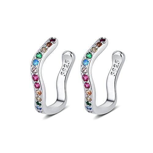 Image of 925 Sterling Silver 7 Crystals Ear Cuffs Hoop Climber- Cartilage Earring for Women - Ear Crawler Earrings Cubic Zirconia CZ Cuff Wrap Climber Earrings (S02)