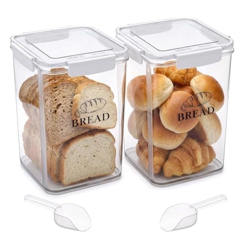 Image of Punorric 2Pack Airtight Bread Bin, 5L Clear Tall Bread Box with Sealed Lid and Spoon, Plastic Stackable Food Storage Containers with Wide mouth, Kitchen Storage Bin for Homemade Toast Bagel, Bpa-Free