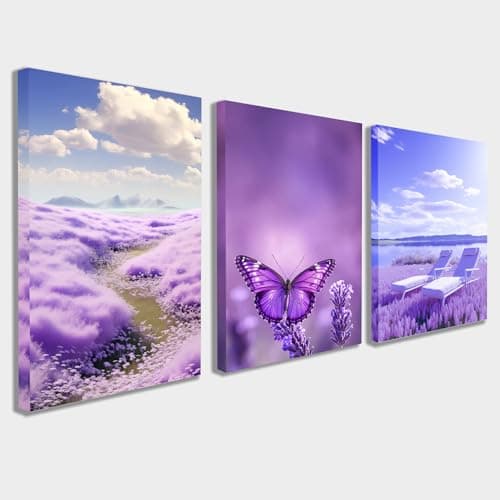 Image of Star Online Large 3 Pieces Wall Art Full Canvas Prints Purple Flowers Butterfly Picture Painting Modern Wall Artwork Framed for Living Room Bedroom Home Office Decorations 30 x 40 CM