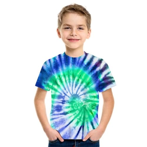 Image of Kids 3D Rainbow Swirl Printed T-Shirt Boys Summer Casual Short Sleeve Top Round Neck Basic Blouse Boys and Girls Stretch T-Shirt Comfortable and Lightweight Tee Children's Versatile Tops (G, XS)