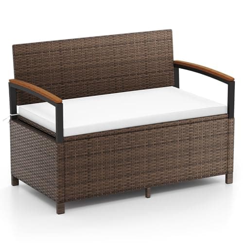 Image of COSTWAY 2 Seater Garden Storage Bench, PE Rattan Deck Box Seat with 150L/170L Box and Padded Cushion, Wicker Outdoor Loveseat Park Bench Chair (Mix Brown, 120 × 61 × 84 cm)
