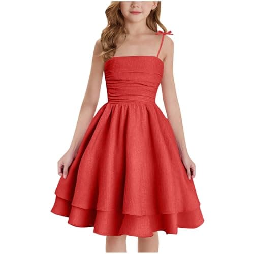 Image of duxyoz Girl's Summer Dresses Spaghetti Strap Swing Pleated Cotton Dress Tween Kids Flowy Front Ruched Boho Beach Casual Midi Sundress for Princess Birthday Party Wedding Prom Gown Red 12-13 Years