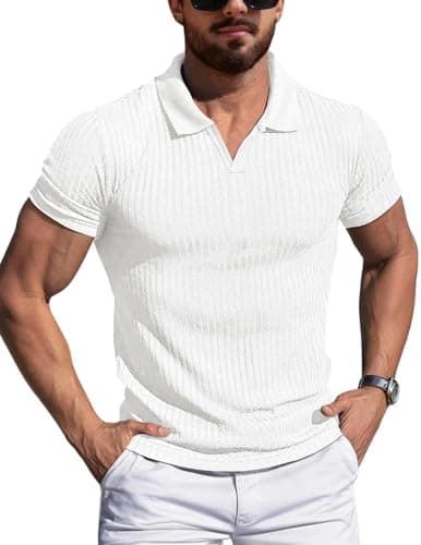Image of AIYINO Men’s T Shirt Muscle Fit V Neck Polo Tshirt Knitted Slim fit Polo Shirts for Men Adult White M
