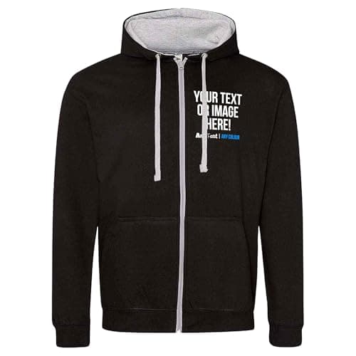 Image of Purple Print House Custom Zipped Up Varsity Hoodie Mens Womens College Team Style Any Text Image Photo Personalised Work Company Logo Uniform Full Length Zipper Hoody Hooded, L, Black/Grey
