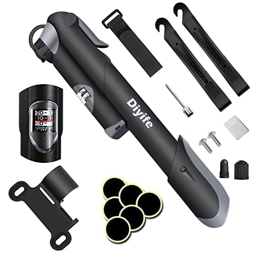 Image of Diyife Bike Pump with Pressure Gauge, [120 PSI] [17 in 1] Mini Bicycle Pump for All Bikes, Ball Pump with Needle, Glueless Patch Kit, Cycle Valve Caps and Frame Mount, Fit Presta and Schrader Valve