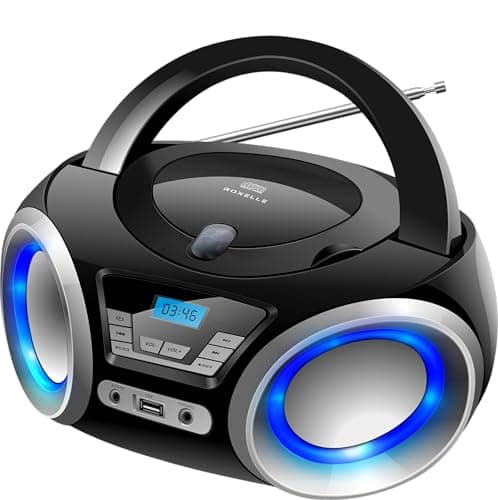 Image of Roxelle CD-300 Portable CD Player with BT Streaming, FM Radio, USB MP3 Playback, AUX Input, Vibrant RGB Lighting, Dual Power (AC/Battery), LCD Display, Headphone socket