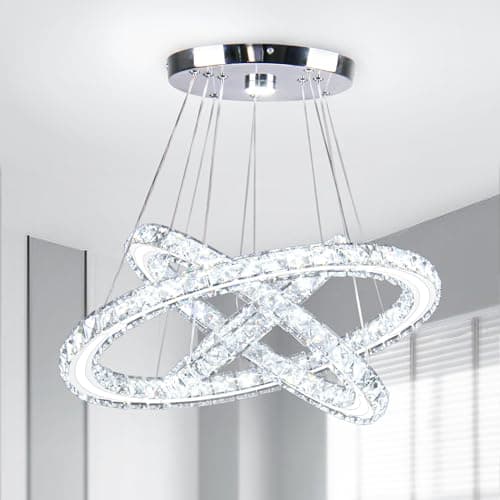 Image of Modern 3 Ring LED Crystal Chandelier Pendant Light, Cool White Ceiling Light Fixture Acrylic Crystal Ring Hanging Lamp, 50×40×30cm, for Living Room Dining Room Bedroom Hallway (Cool White)