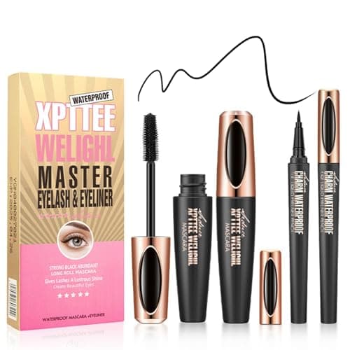 Image of 4D Silk Fibre Mascara and Eyeliner Set, Waterproof Black Volumising & Lengthening Lash Mascara & Liquid Eyeliner Pen, Smudge-Proof, Long Lasting & No Clumping, Makeup Gift for Women