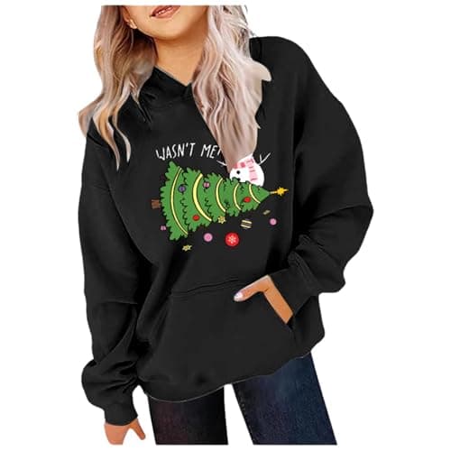 Image of Christmas Hoodie Kids Girls Age 3-14 Years Fashion Graphic Teen Girls Christmas Sweatshirt Winter Long Sleeve Xmas Tops PuLover Cute Cartoon Comfy Casual Vacation Blouse (Black, 11-12 Years)